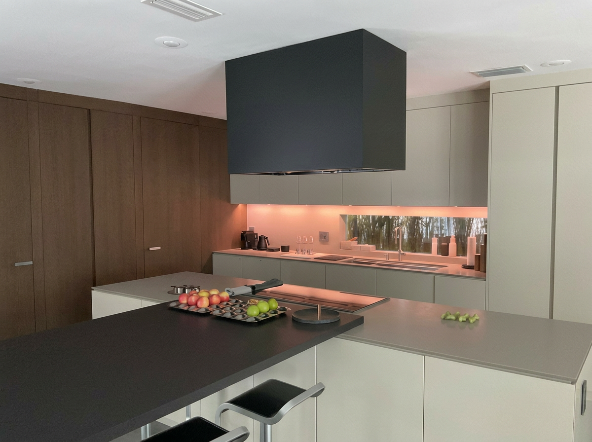 Italkraft kitchen with black square hood over the island